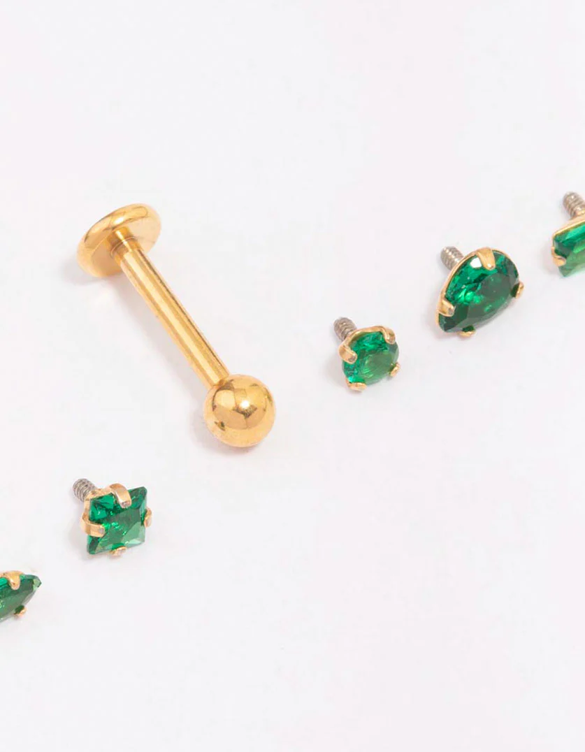 Gold Plated Surgical Steel Single Flat Back Bar & Emerald Stone Interchangeable Ends 6-Pack - Image 2