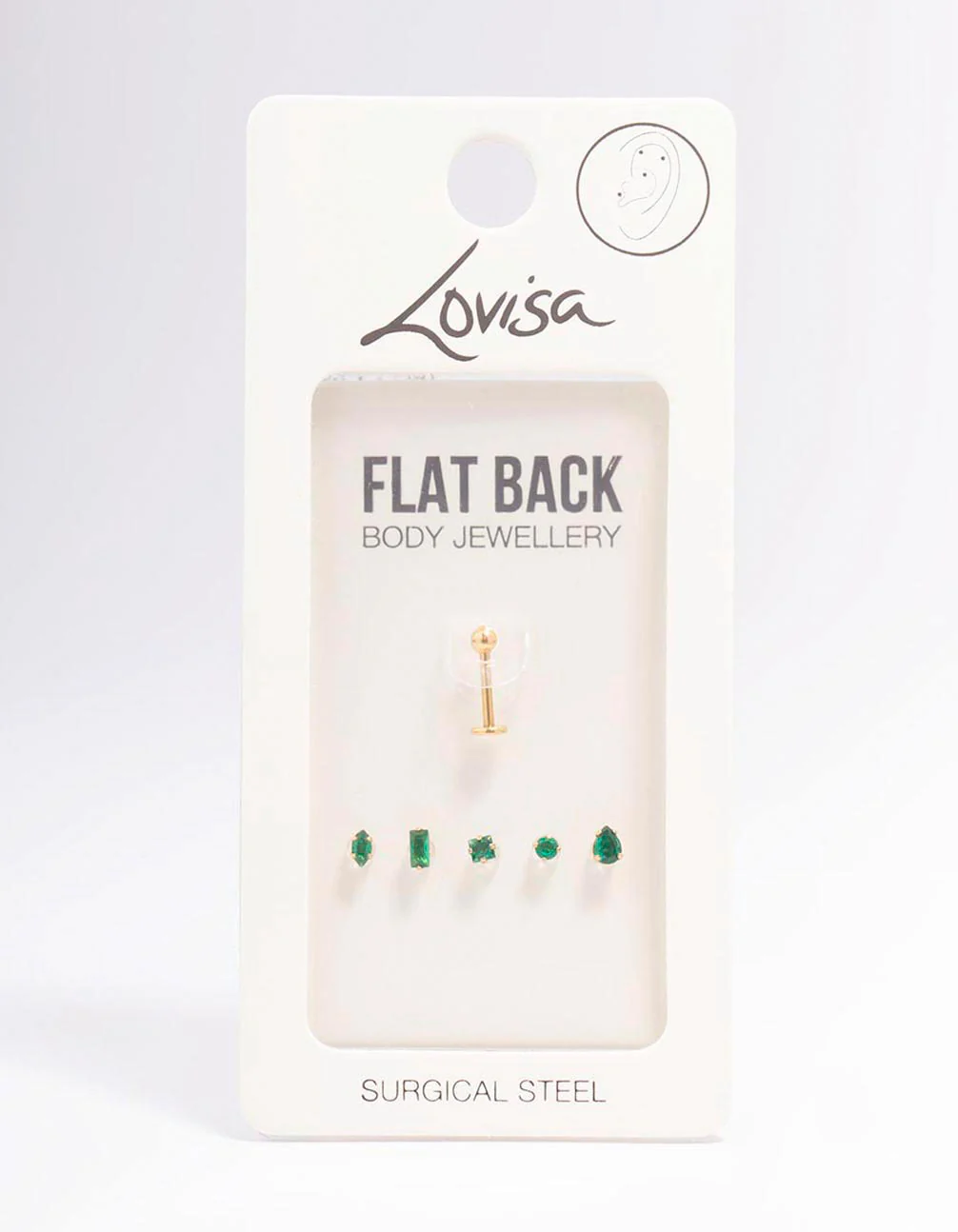 Gold Plated Surgical Steel Single Flat Back Bar & Emerald Stone Interchangeable Ends 6-Pack - Image 3