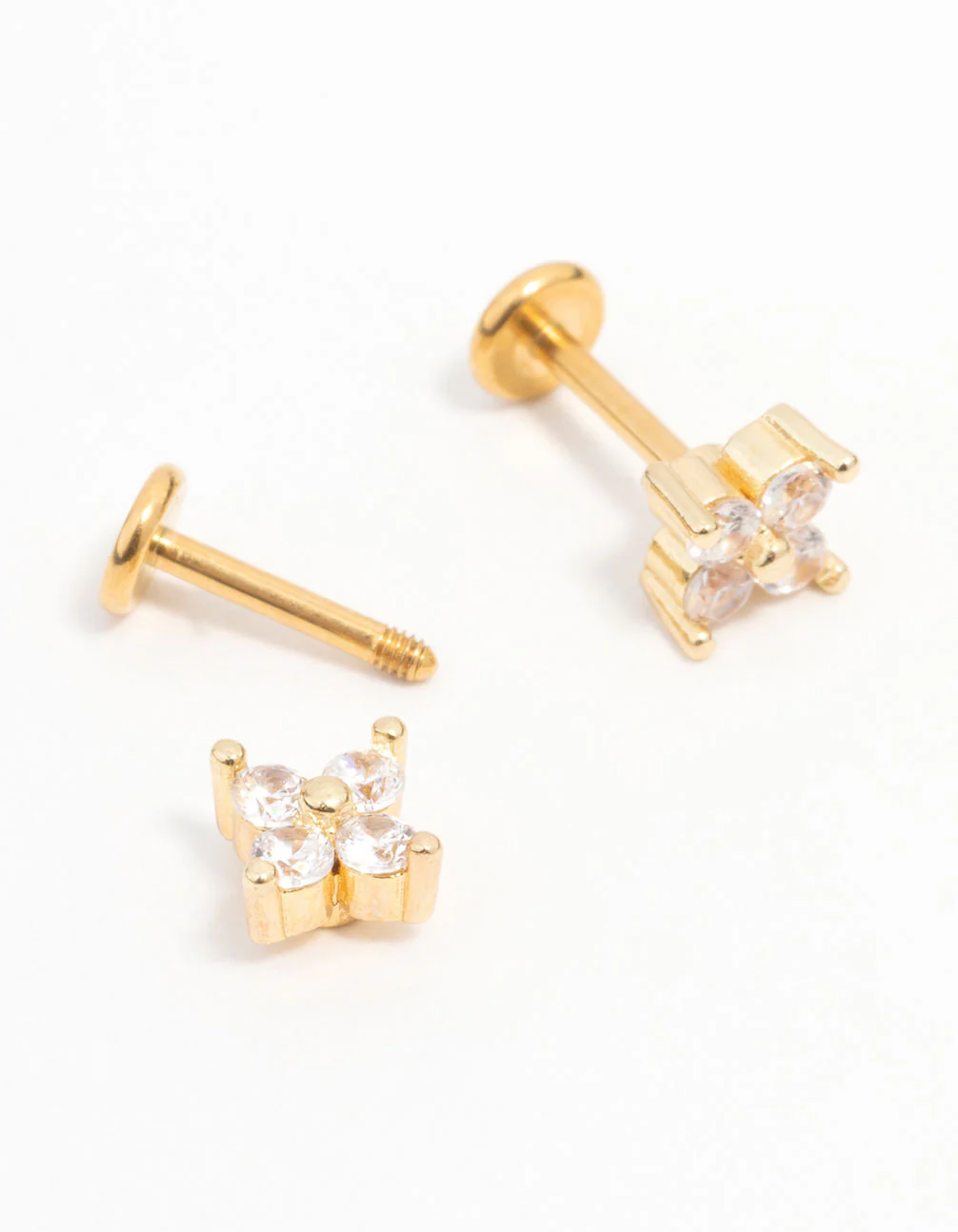 Gold Plated Surgical Steel Cubic Zirconia Mini Flower Flat Back Earrings 2-Pack - Image 2