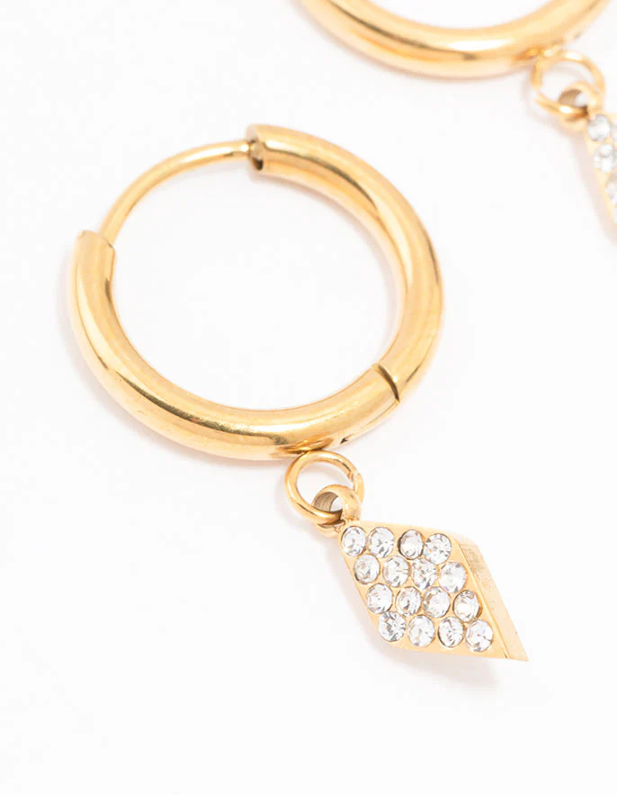 Gold Plated Surgical Steel Pave Diamante Charm Huggie Earrings - Image 2