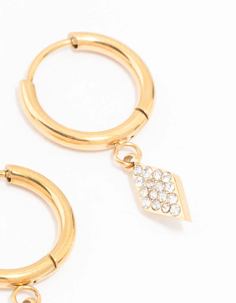 Gold Plated Surgical Steel Pave Diamante Charm Huggie Earrings - Image 3