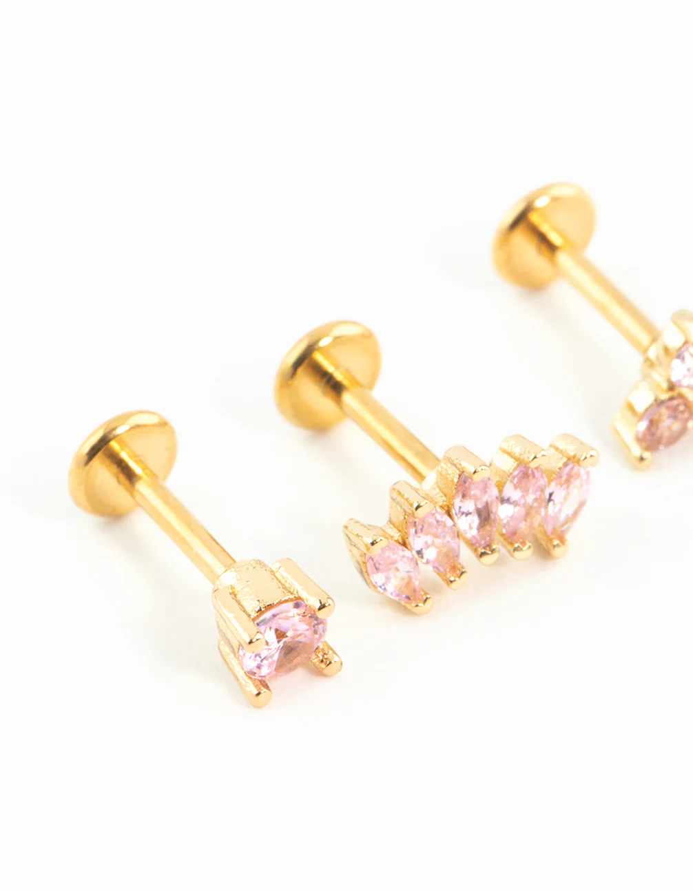 Gold Plated Surgical Steel Pink Cubic Zirconia Flower & Fan Flat Backs 3-Pack - Image 2