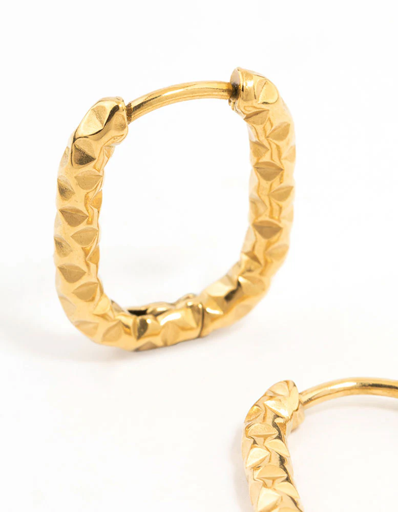 Gold Plated Surgical Steel Textured Square Oval Hoop Earrings - Image 2