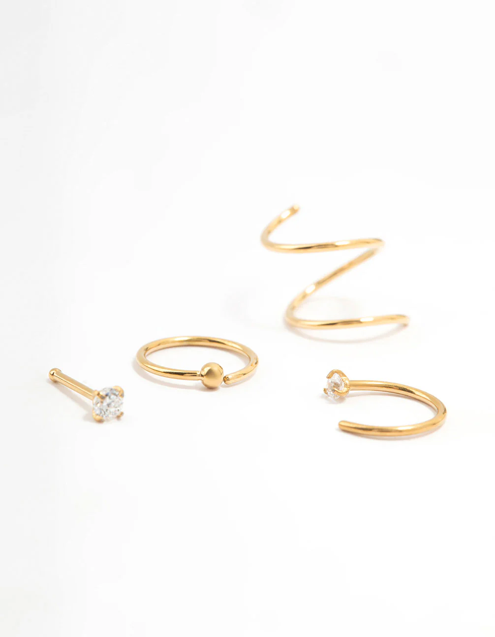 Gold Plated Surgical Steel Twisted Cubic Zirconia Nose Rings & Studs 6-Pack - Image 2