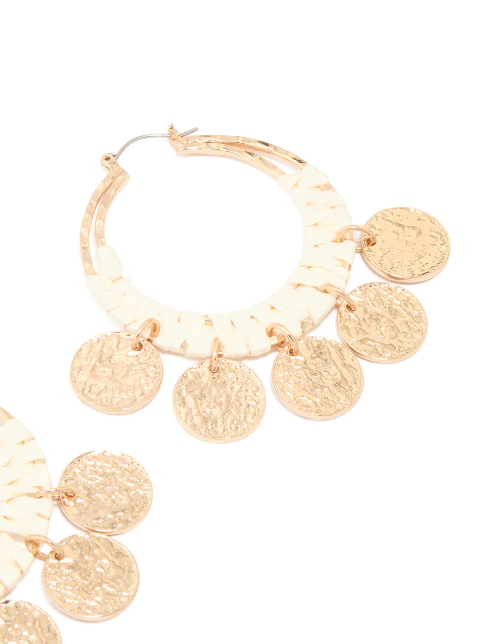 Gold Raffia Hammered Disc Hoop Earrings - Image 3