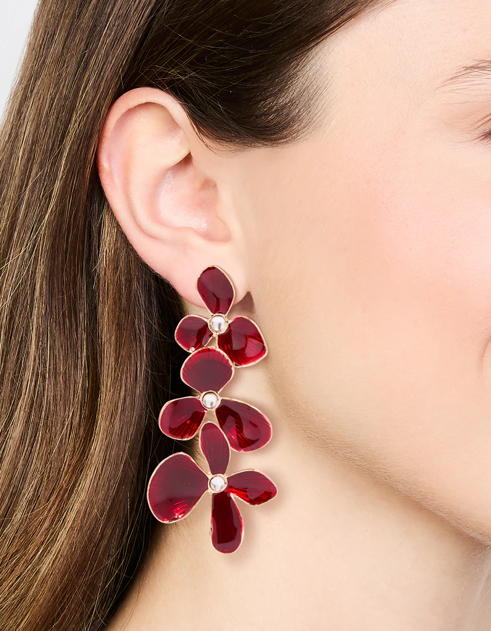 Gold Red Enamel Triple Flower Drop Earrings - Image 2