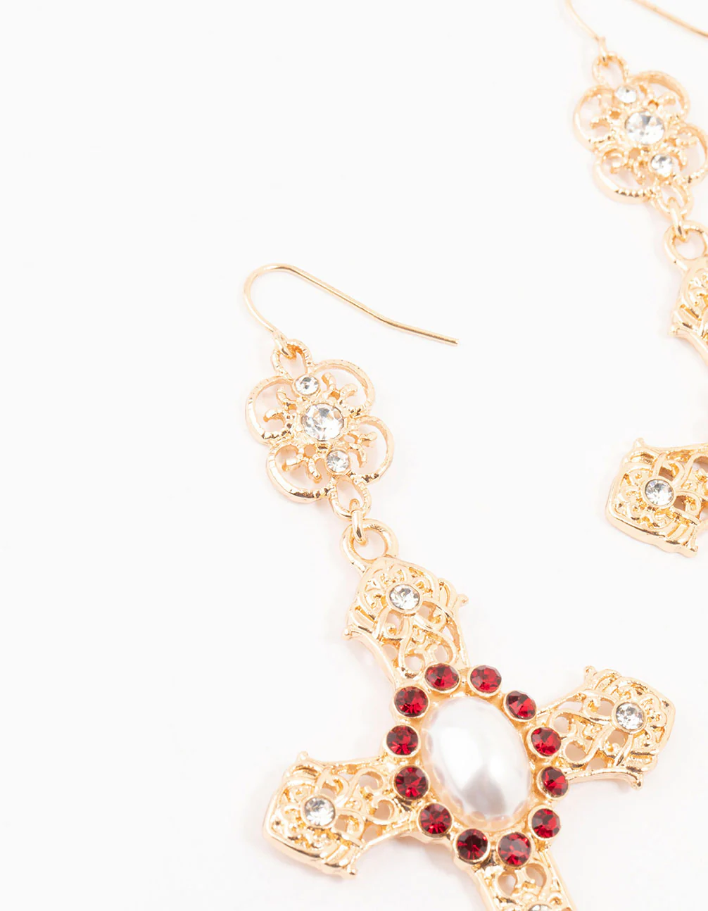 Gold & Red Pearl Large Cross Drop Earrings - Image 2