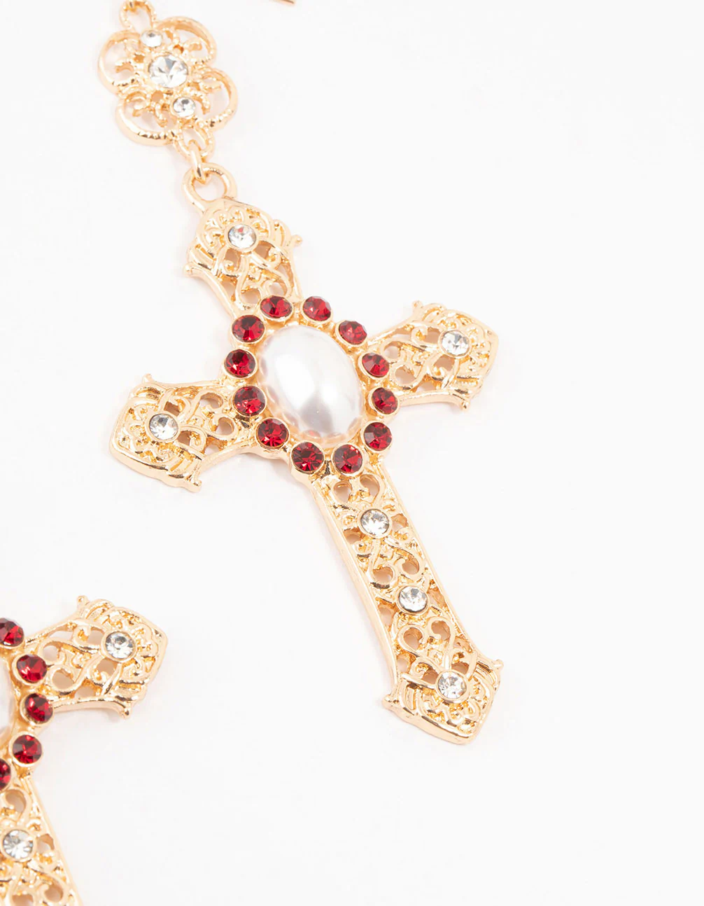 Gold & Red Pearl Large Cross Drop Earrings - Image 3