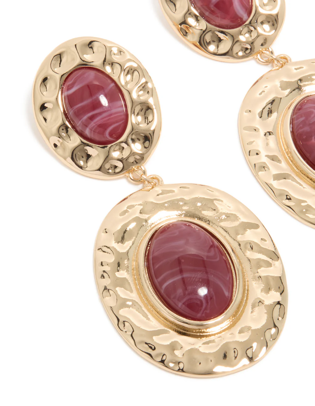 Gold & Red Stone Hammered Textured Double Drop Earrings - Image 2