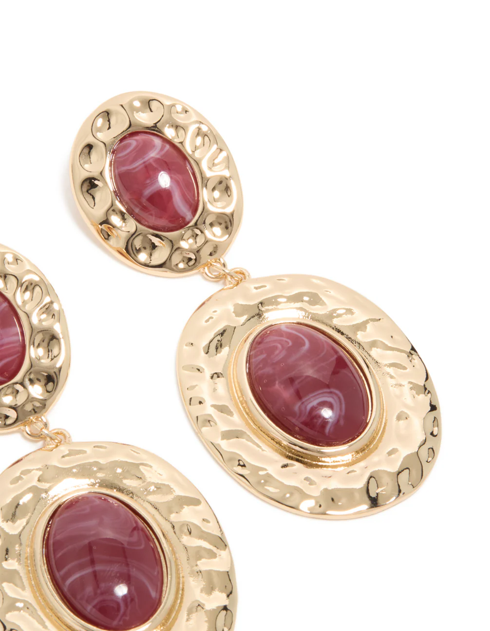 Gold & Red Stone Hammered Textured Double Drop Earrings - Image 3