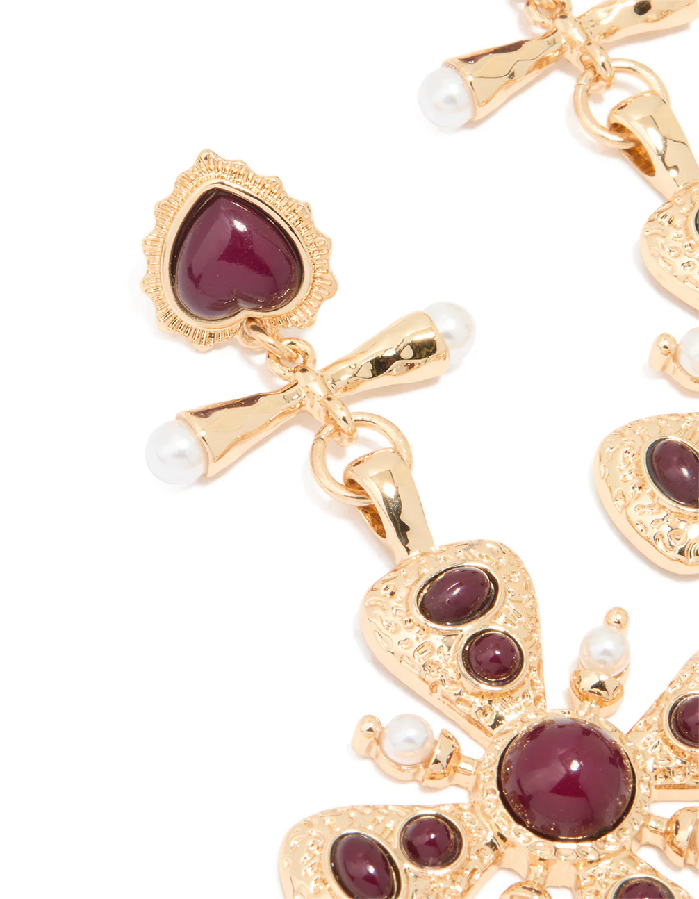 Gold Red Stone Heart & Cross Drop Earrings - Image 2
