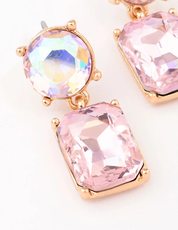 Gold Round & Rectangular Pink Drop Earrings - Image 2