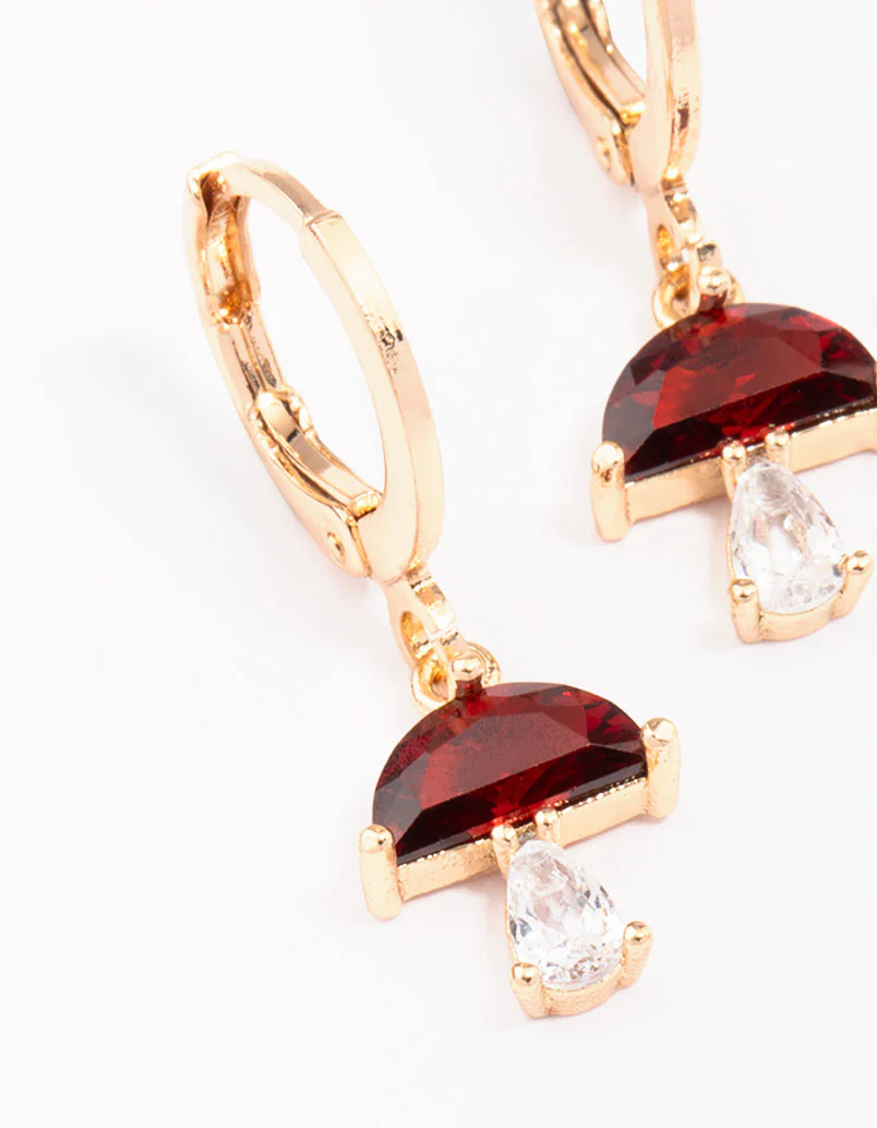 Gold Ruby Mushroom Drop Huggie Hoop Earrings - Image 2