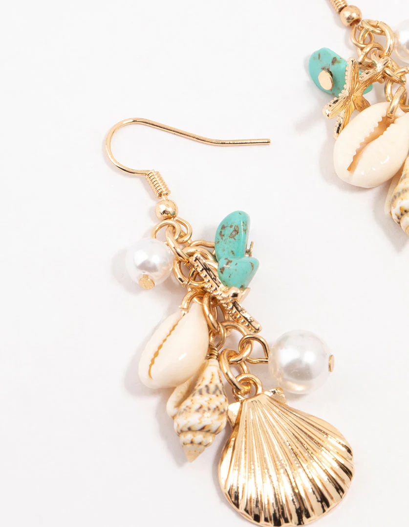 Gold Genuine Shell, Pearl & Blue Stone Drop Earrings - Image 2