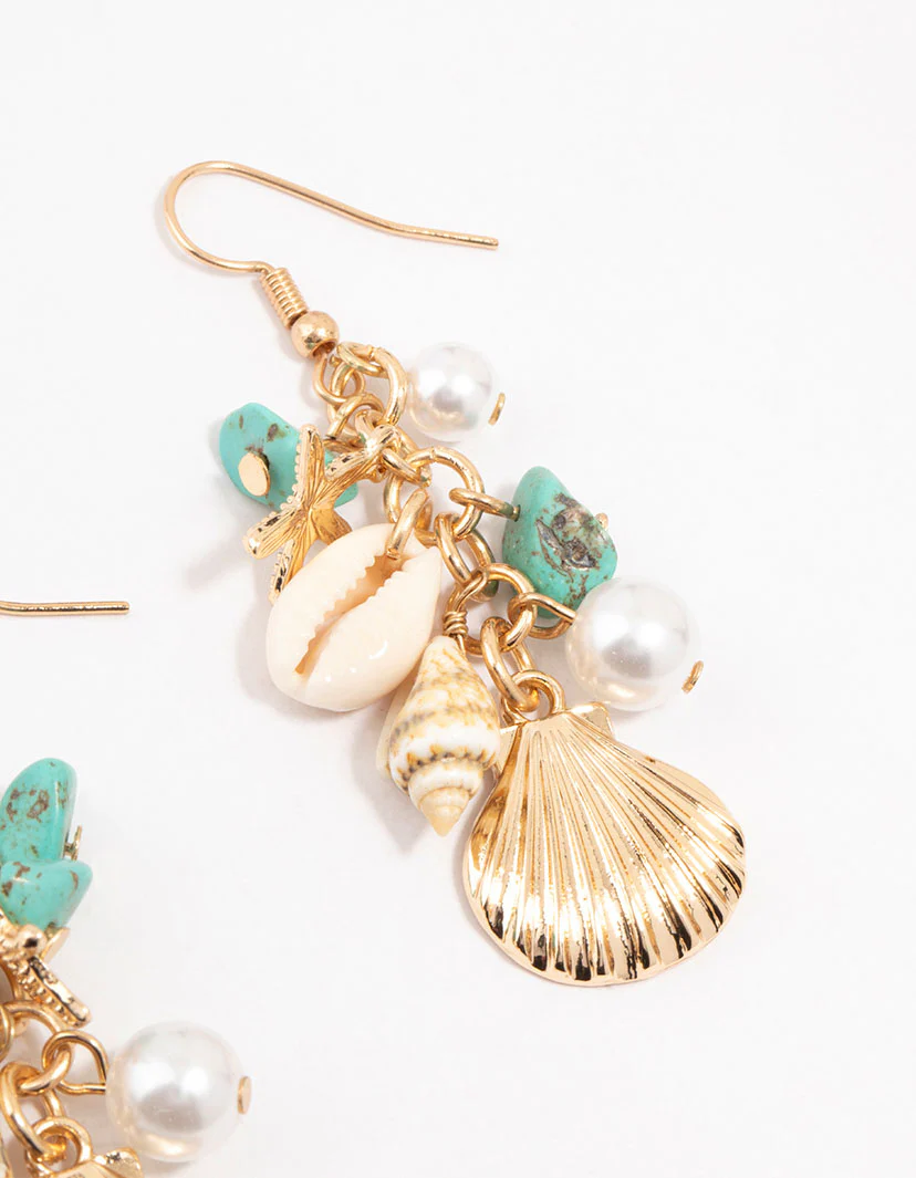 Gold Genuine Shell, Pearl & Blue Stone Drop Earrings - Image 3