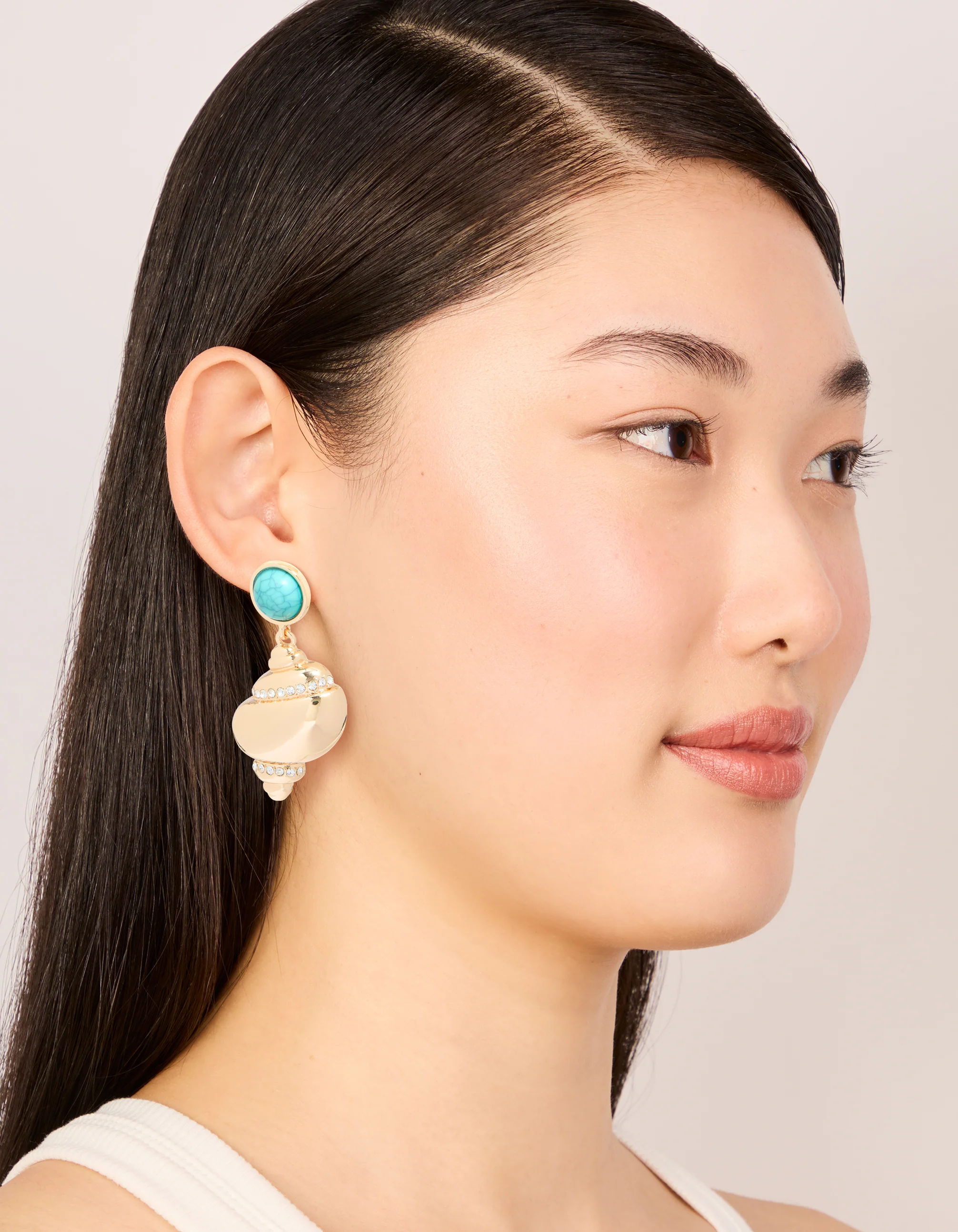 Gold Shell & Turquoise Stone Stud Drop Earrings - Image 3