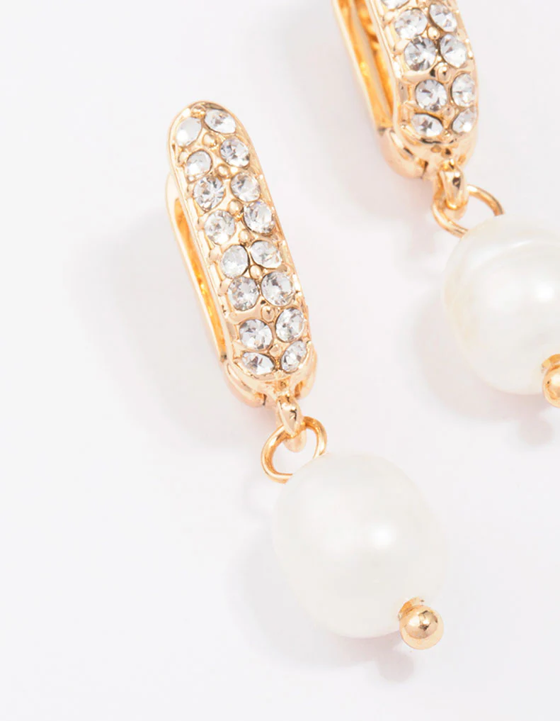 Gold Small Diamante & Pearl Drop Earrings - Image 2