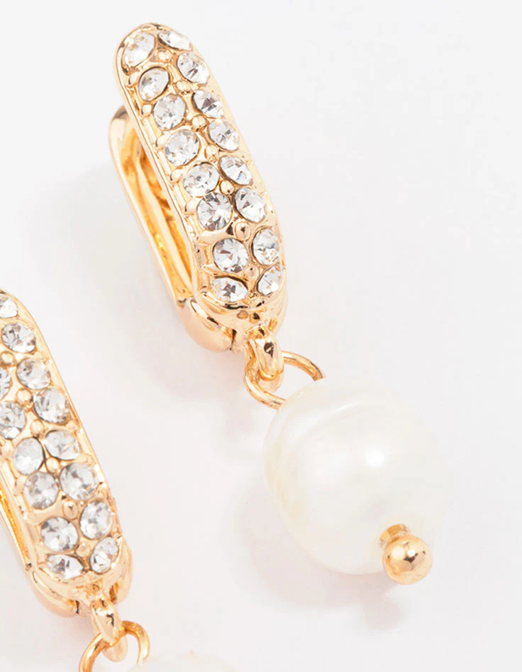 Gold Small Diamante & Pearl Drop Earrings - Image 3
