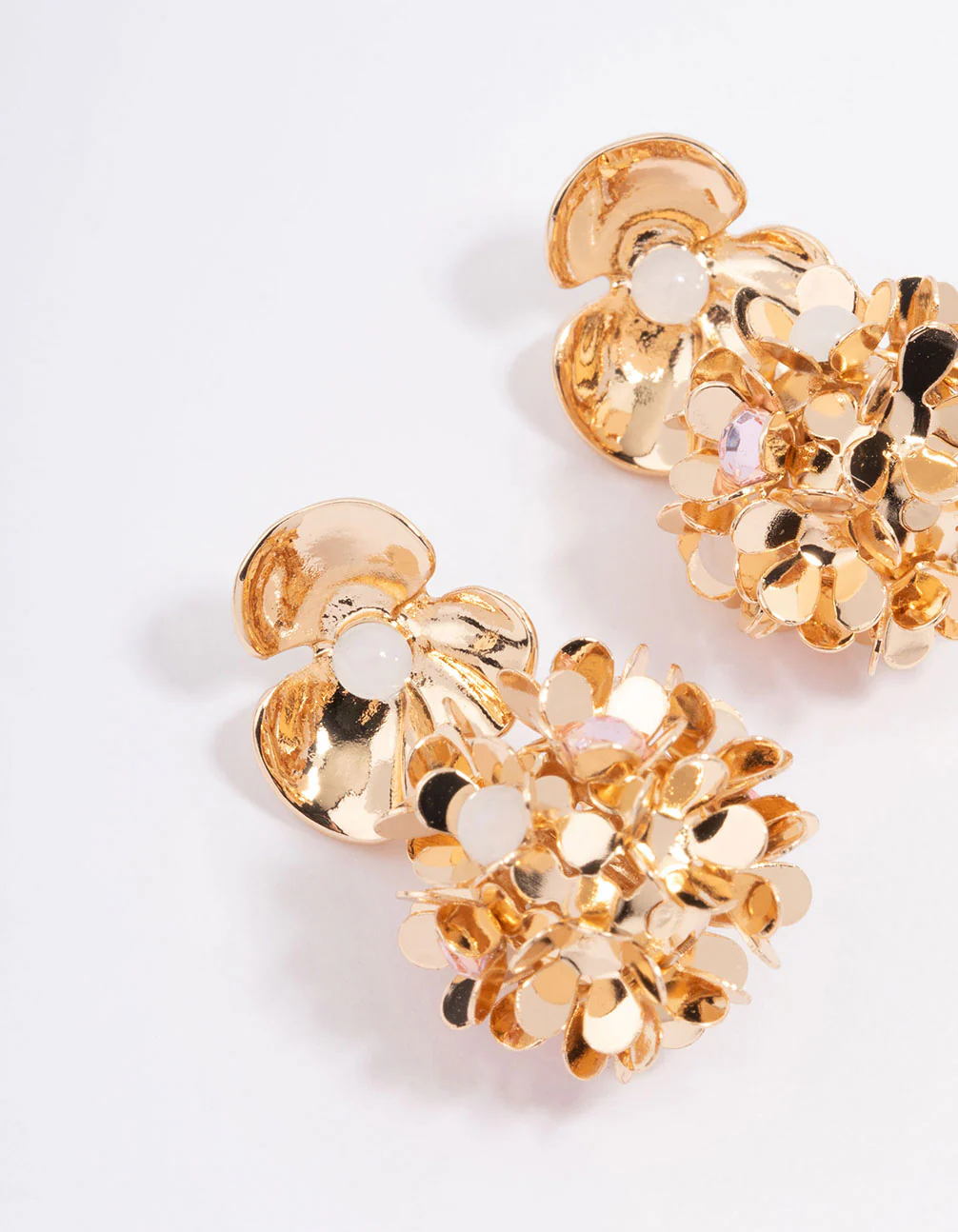 Gold Small Double Row Flower Drop Earrings - Image 2