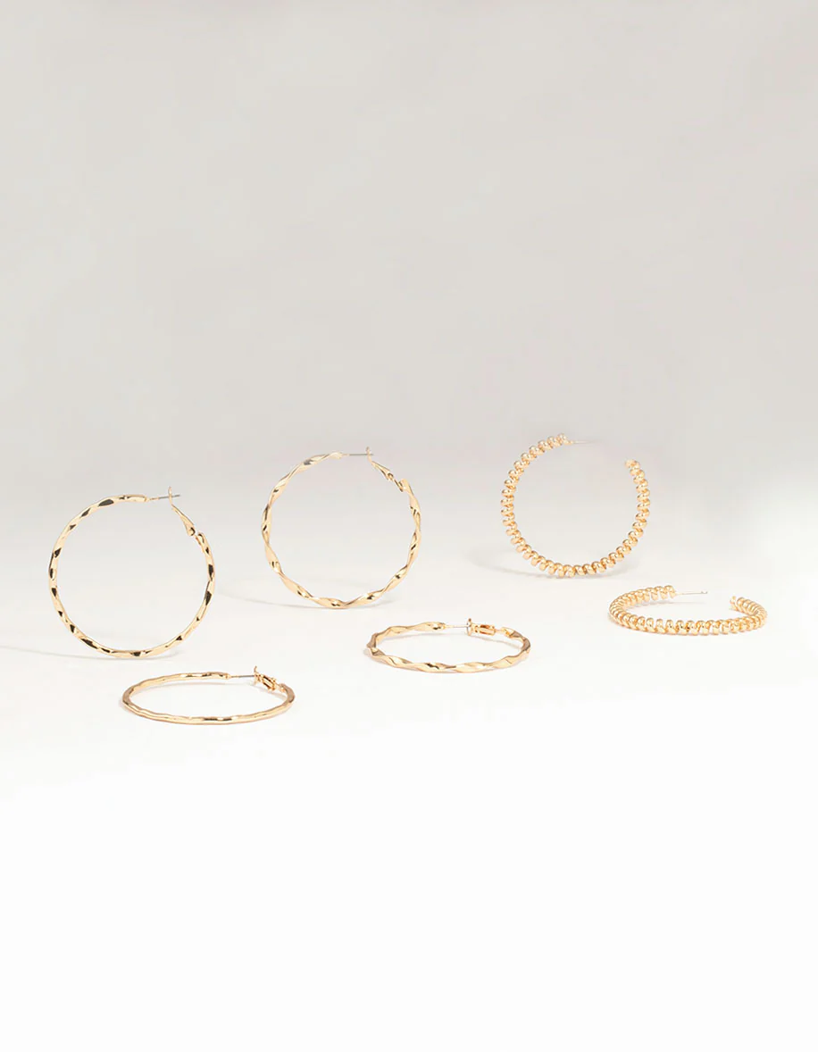 Gold Smooth & Twist Hoop Earrings 3-Pack