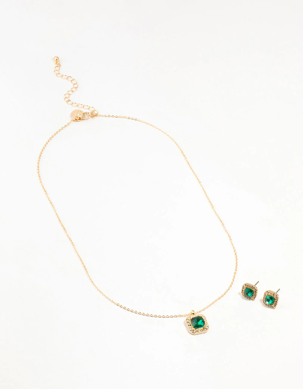Gold Square Halo Green Diamante Necklace & Stud Earrings Set - Image 2
