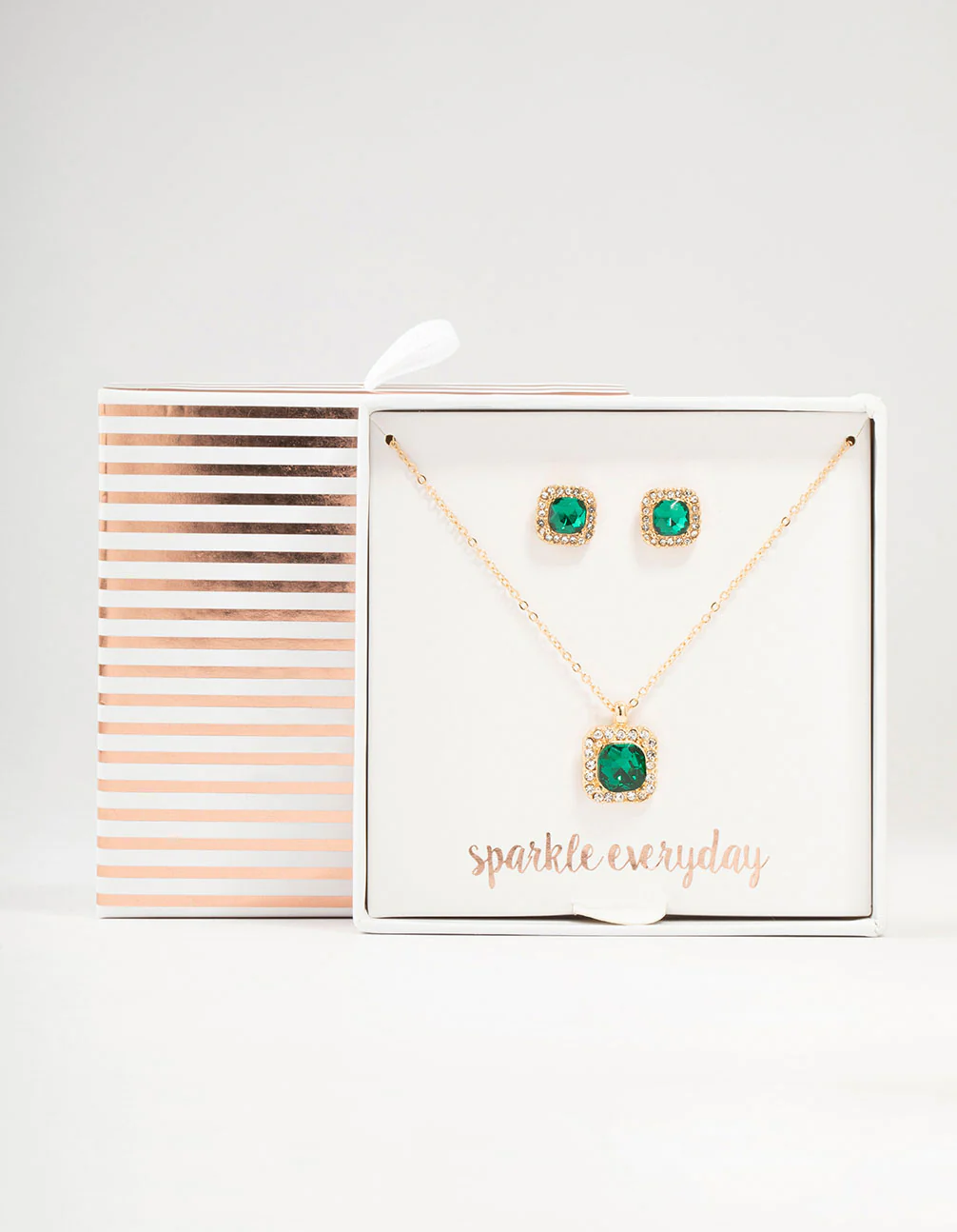 Gold Square Halo Green Diamante Necklace & Stud Earrings Set - Image 3