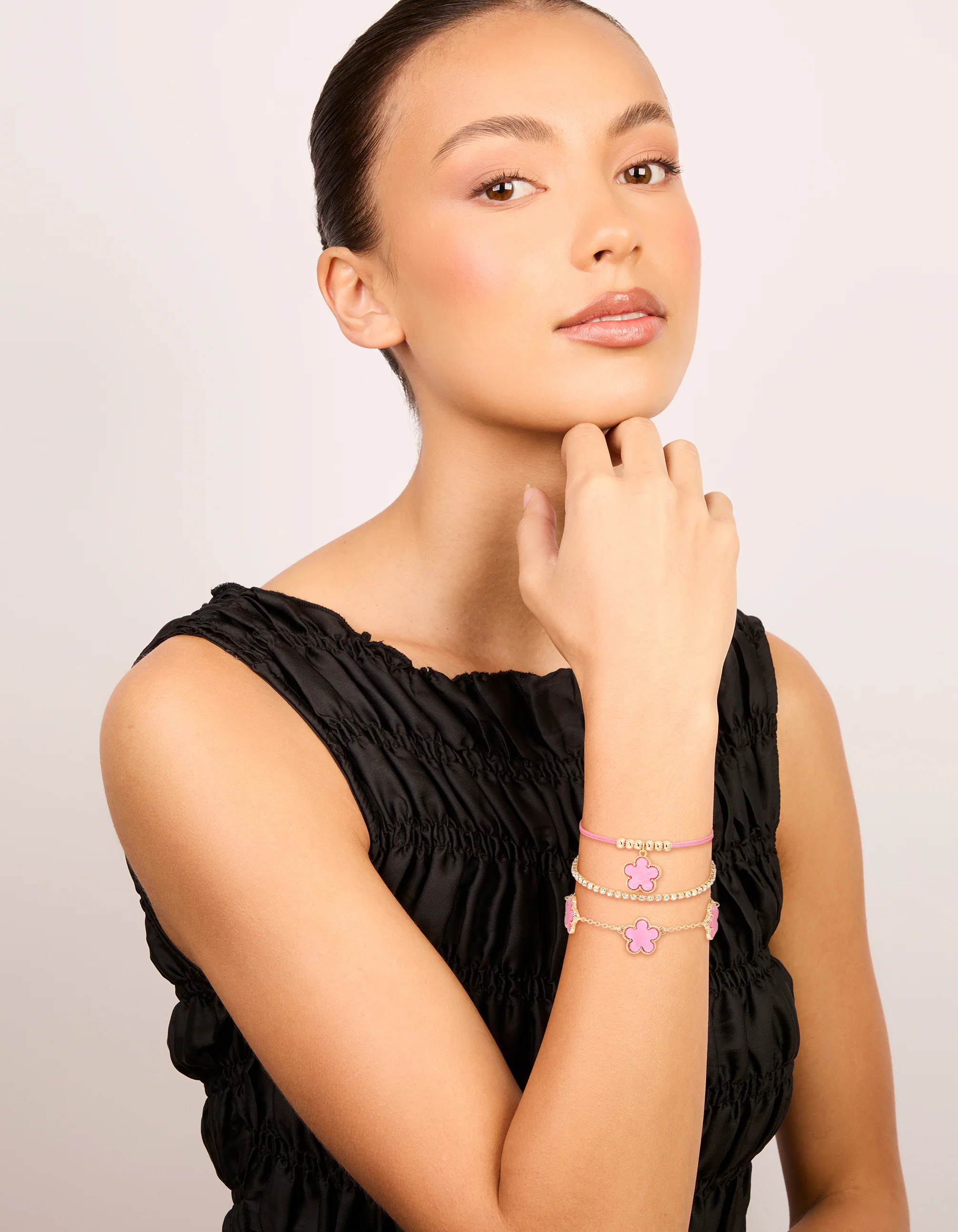 Gold Tennis & Pink Cord Flower Bracelets 3-Pack - Image 3