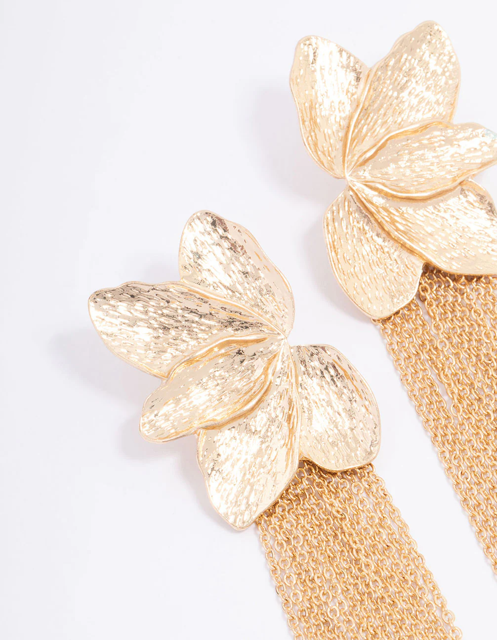 Gold Textured Flower Cupchain Drop Earrings - Image 2