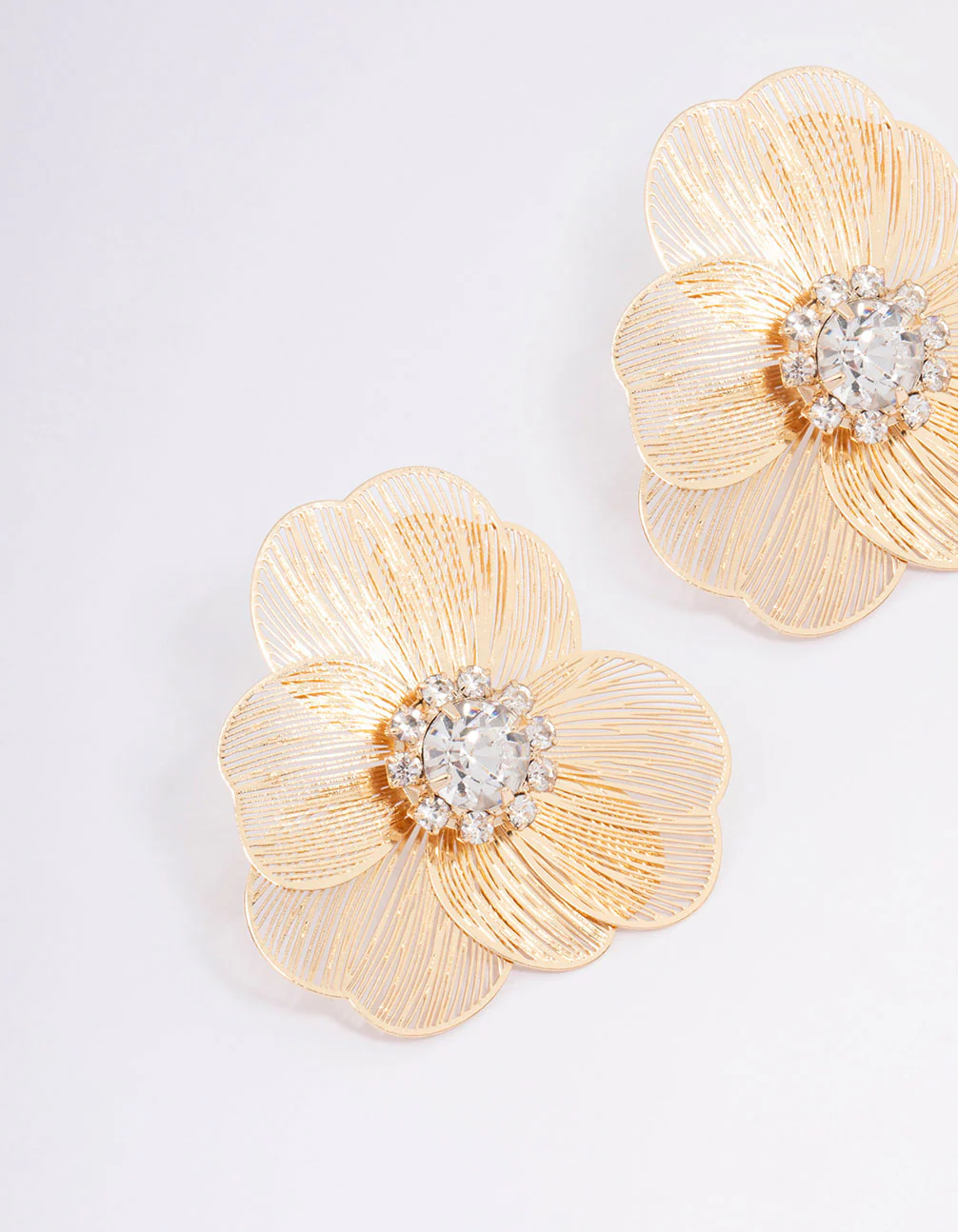 Gold Textured Flower Diamante Stud Earrings - Image 2