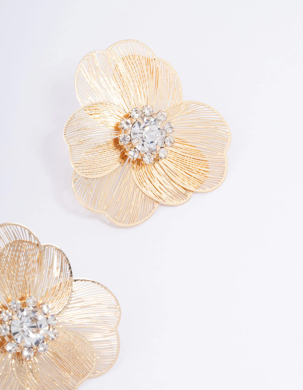 Gold Textured Flower Diamante Stud Earrings - Image 3