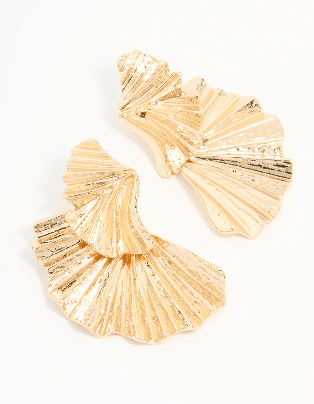 Gold Textured Metal Fan Drop Earrings