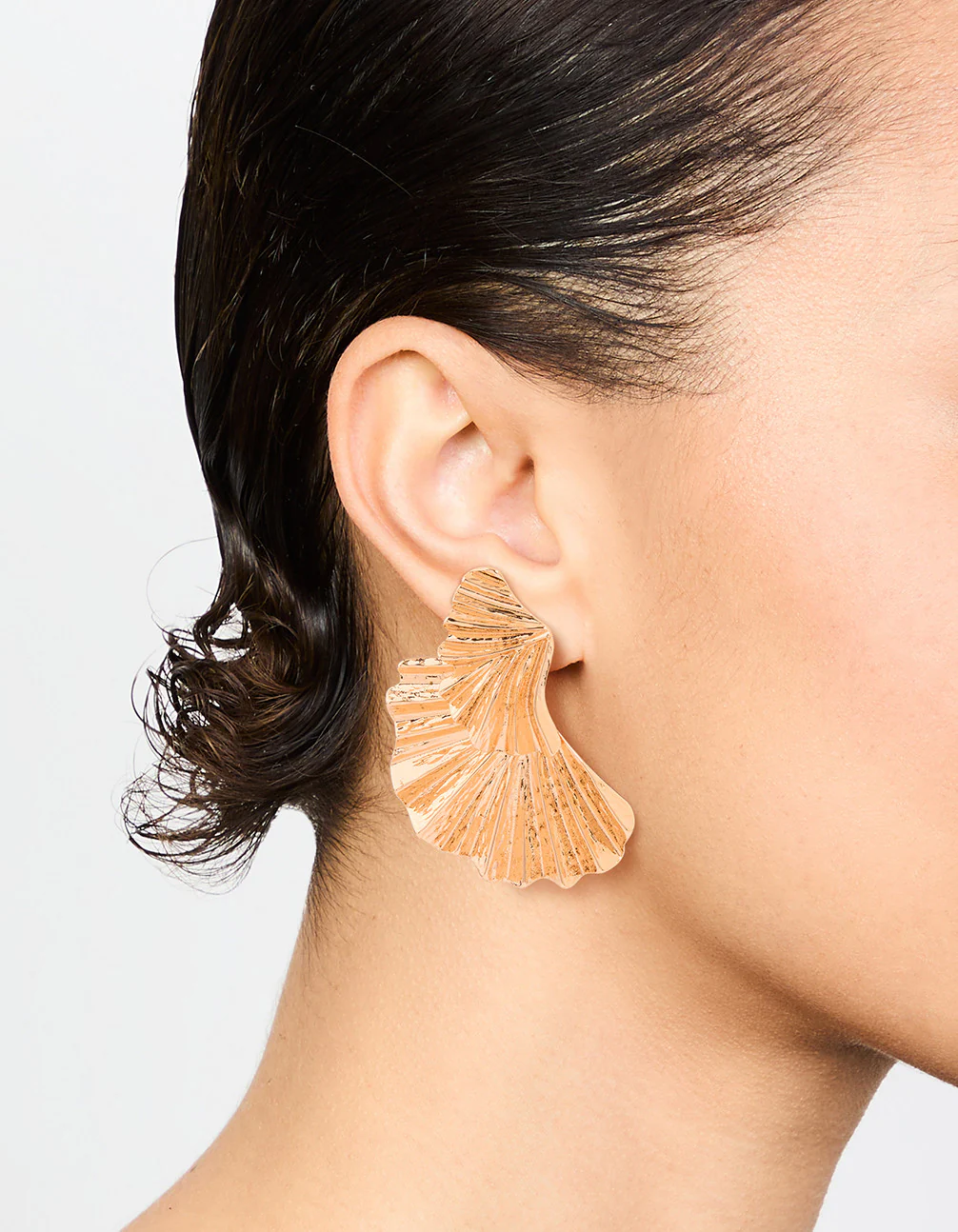 Gold Textured Metal Fan Drop Earrings - Image 2