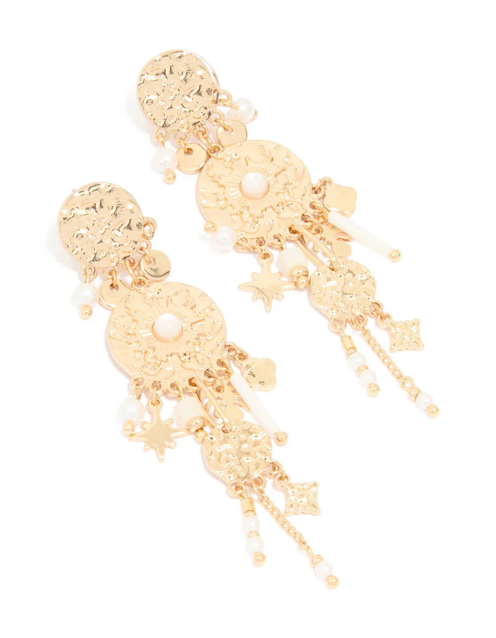 Gold Textured Pearl Dangle Drop Earrings