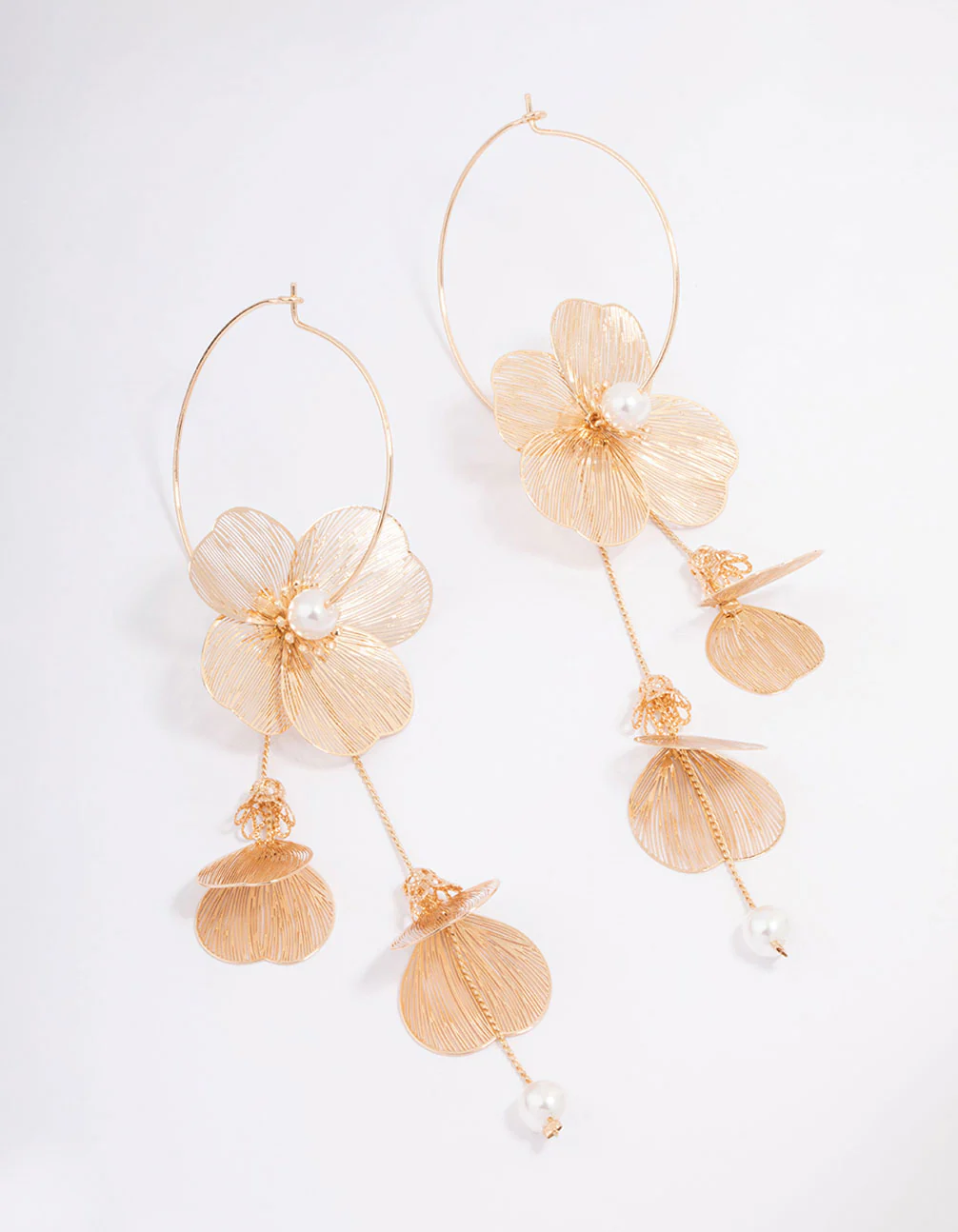 Gold Textured Petal Pearl Drop Earrings
