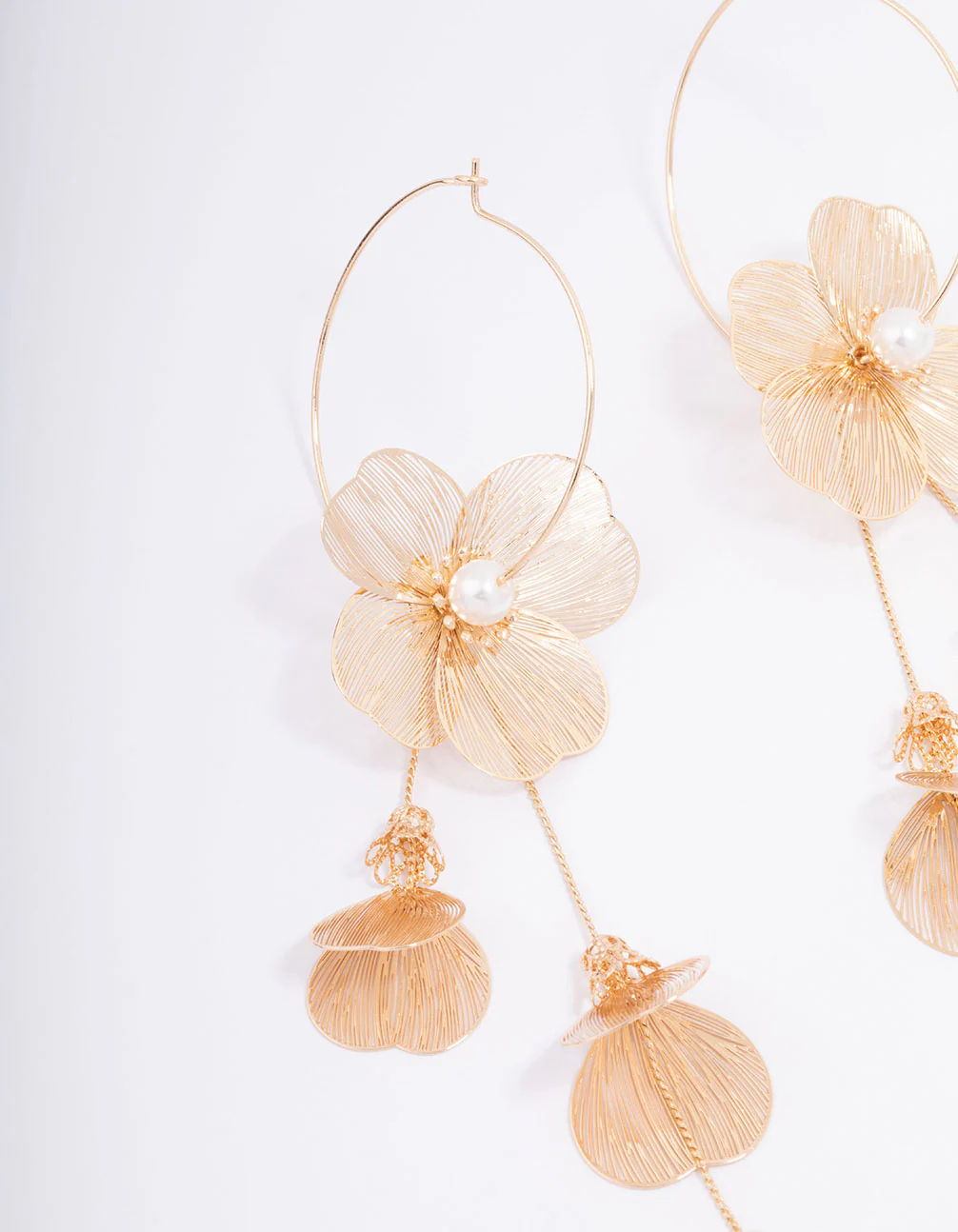 Gold Textured Petal Pearl Drop Earrings - Image 2