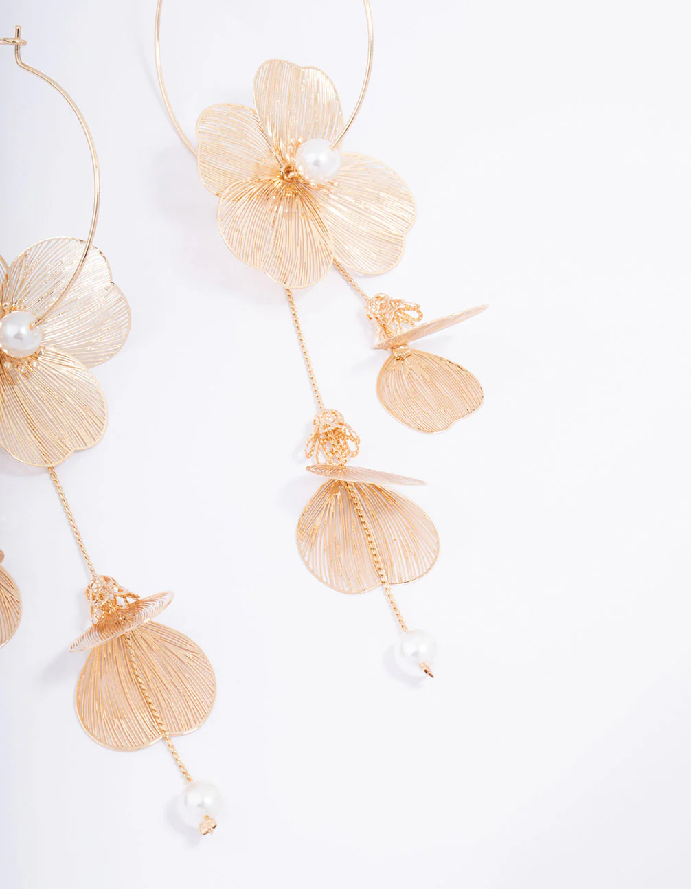 Gold Textured Petal Pearl Drop Earrings - Image 3