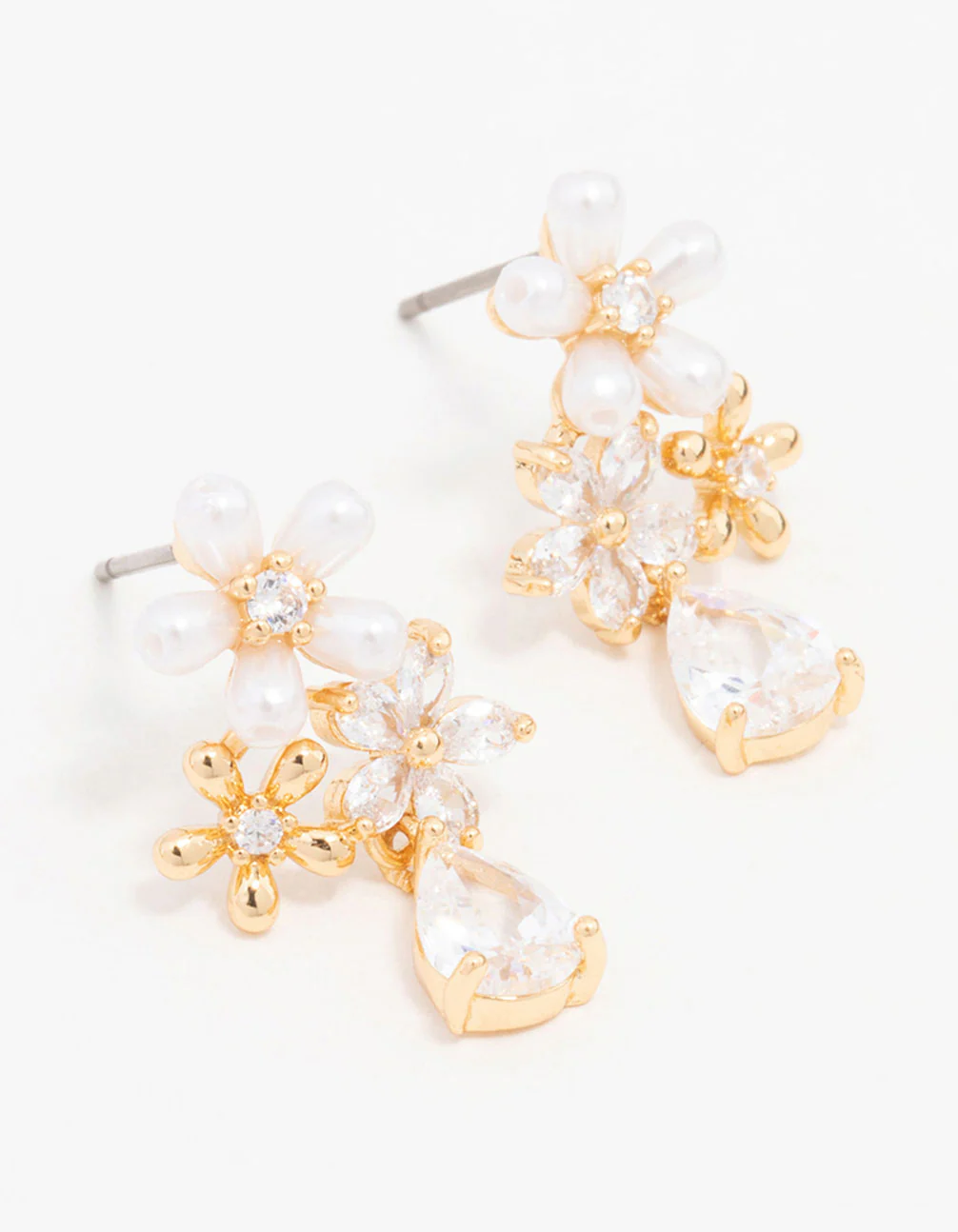 Gold Plated Trio Flower Pear Drop Earrings