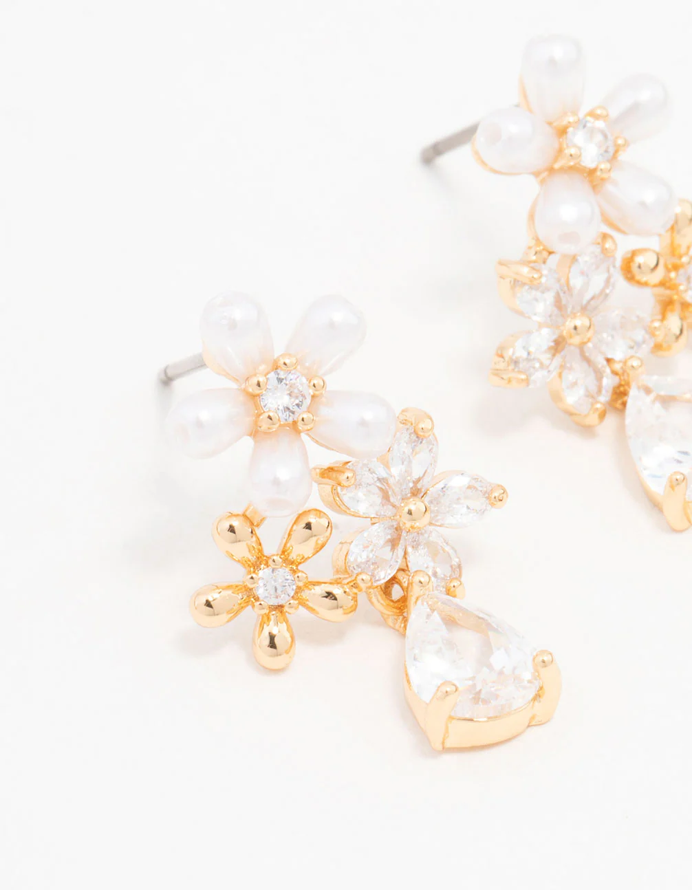 Gold Plated Trio Flower Pear Drop Earrings - Image 2