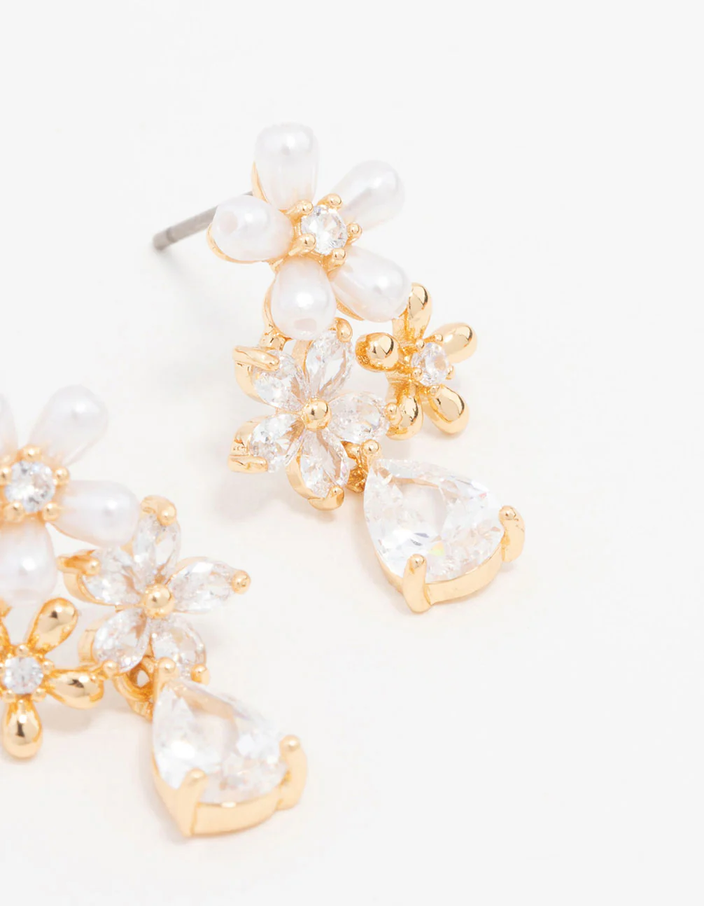 Gold Plated Trio Flower Pear Drop Earrings - Image 3