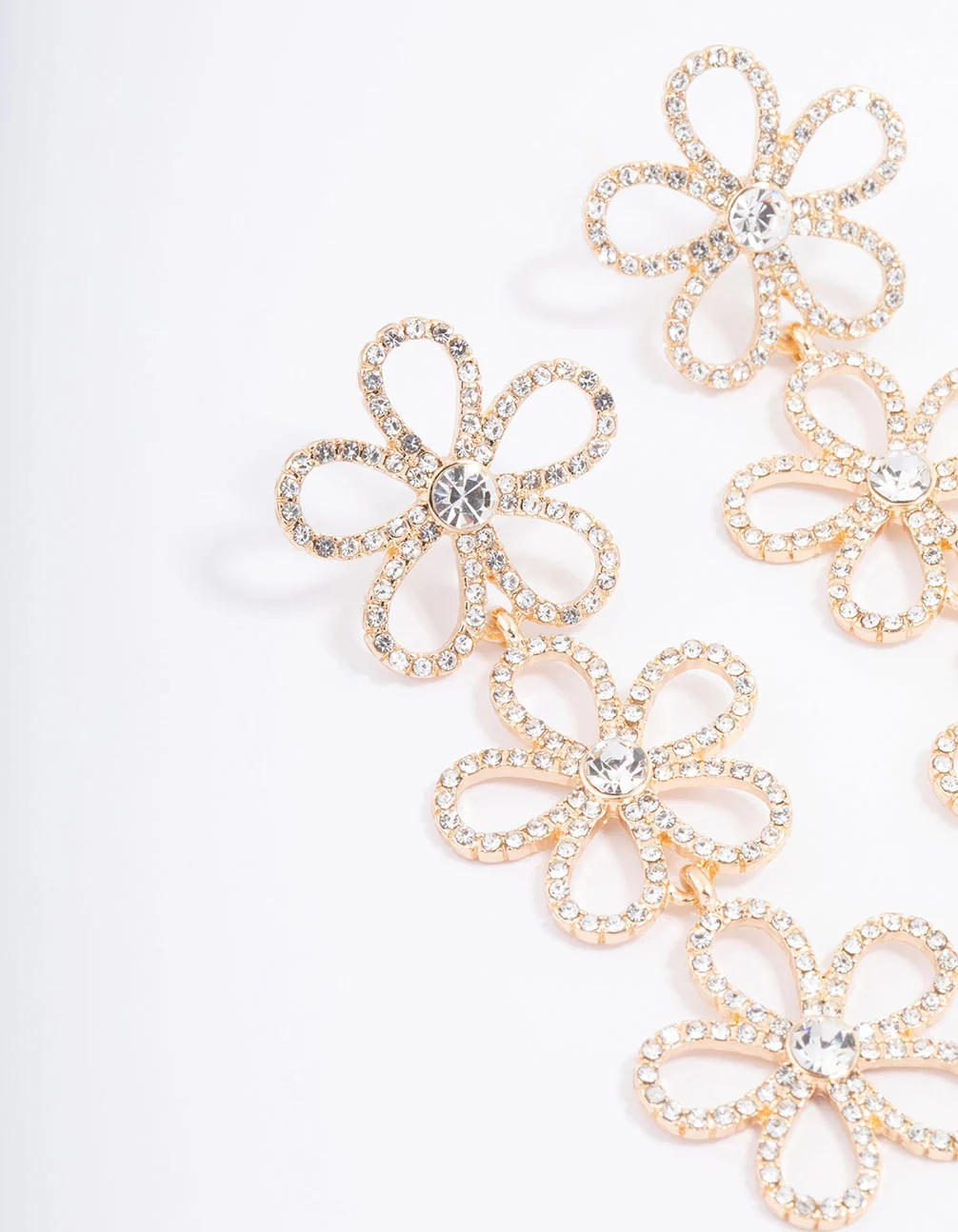 Gold Triple Row Diamante Flower Drop Earrings - Image 2