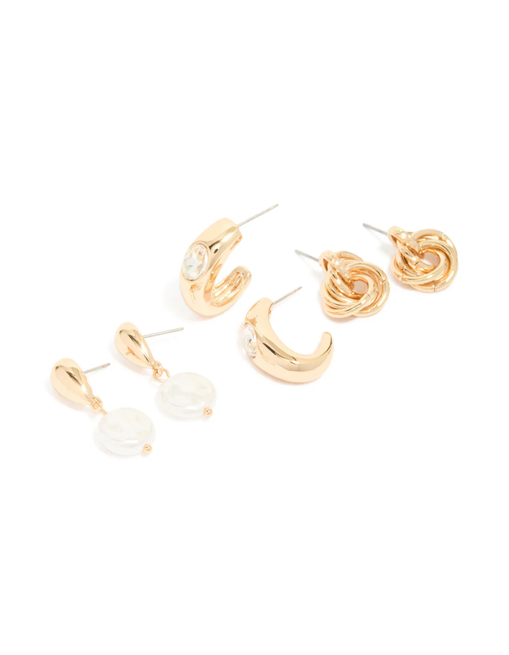 Gold Twisted & Pearl Stud Earrings 3-Pack - Image 2