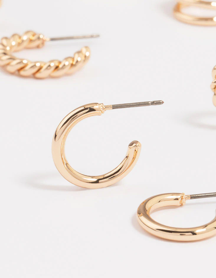 Gold Twisted & Sleek Hoop Earrings 6-Pack - Image 2