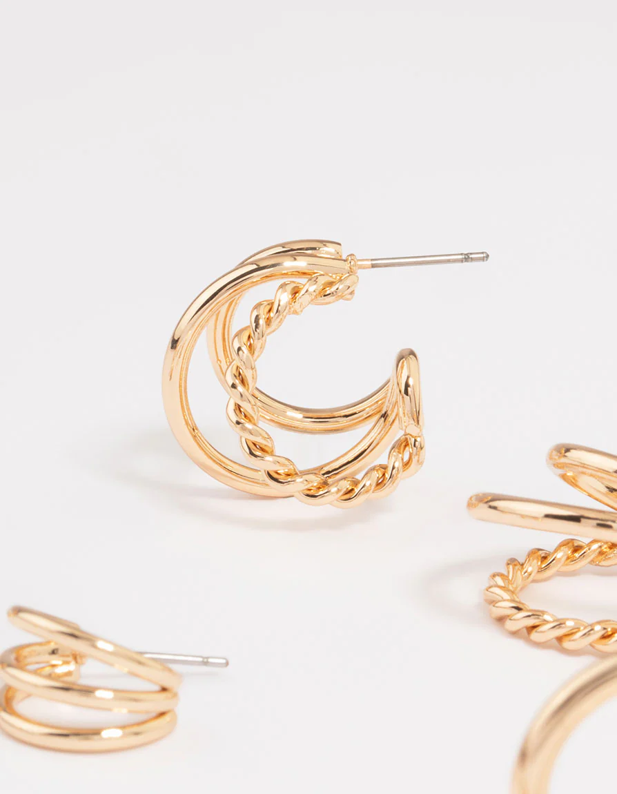 Gold Twisted & Sleek Hoop Earrings 6-Pack - Image 3