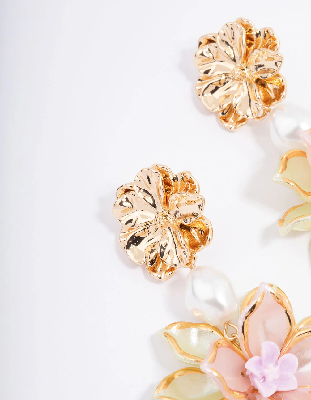 Gold Vintage Flower Pearl Drop Earrings - Image 2
