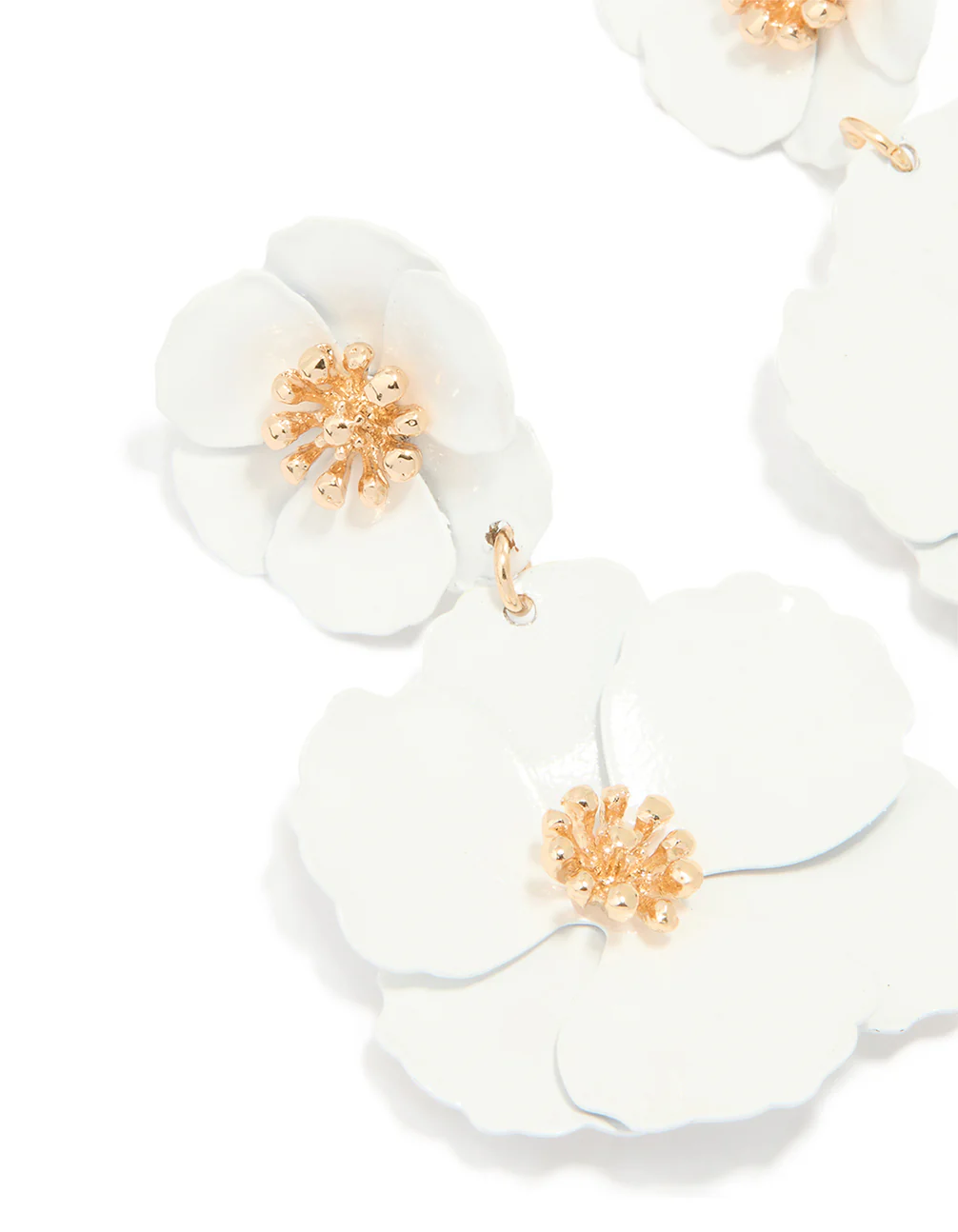 Gold White Coated Metal Flower Drop Earrings - Image 2