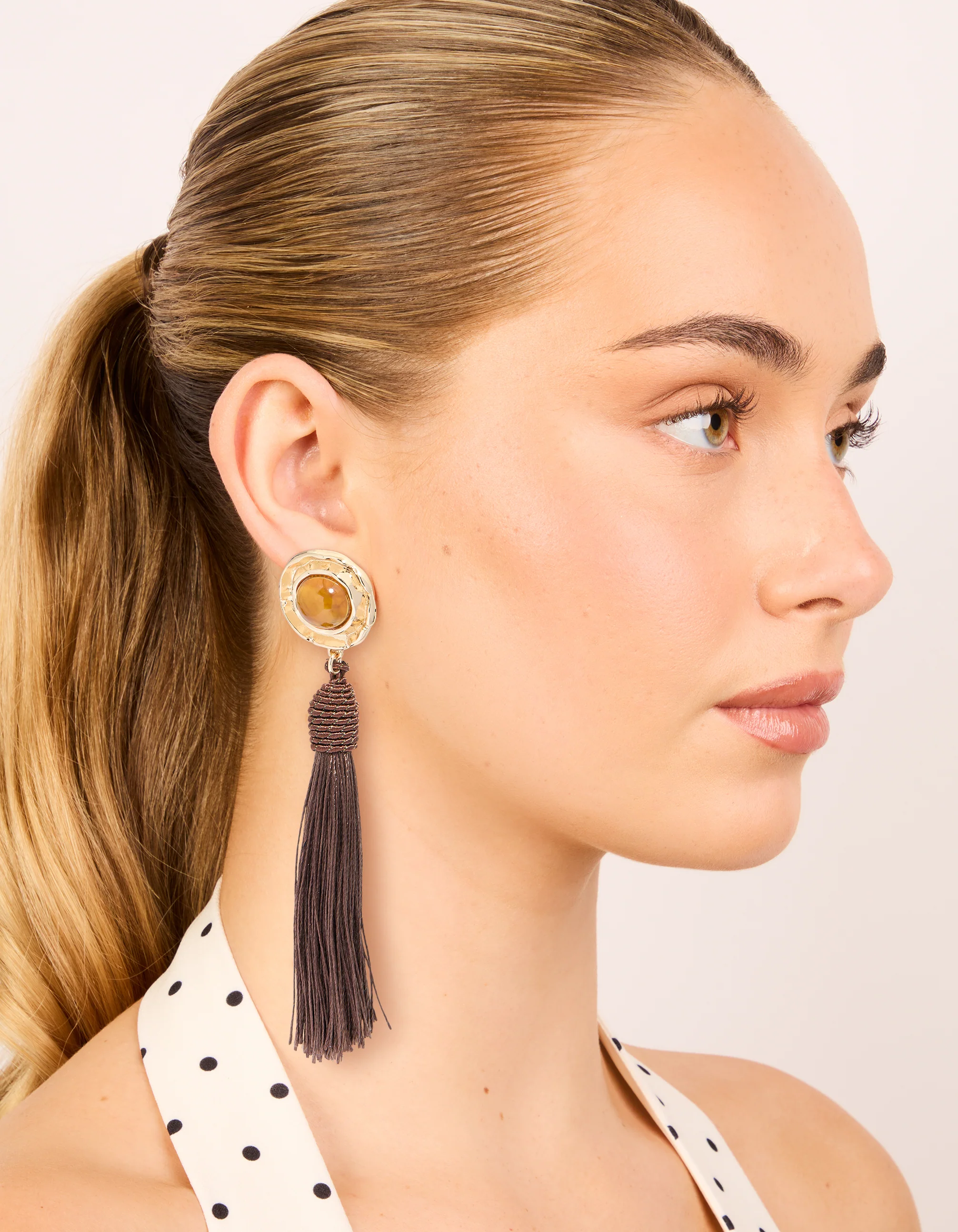 Gold Yellow Stone & Brown Knotted Tassel Drop Earrings - Image 3