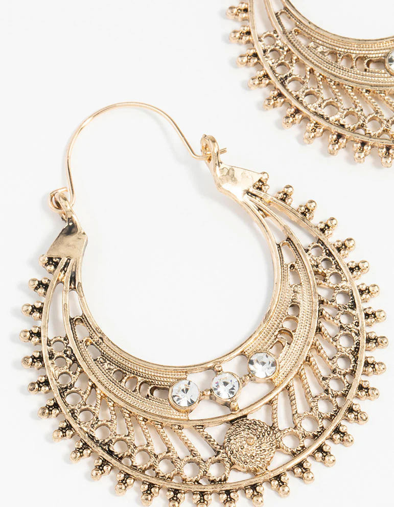 Antique Gold Detailed Hoop Chandbali Earrings - Image 5