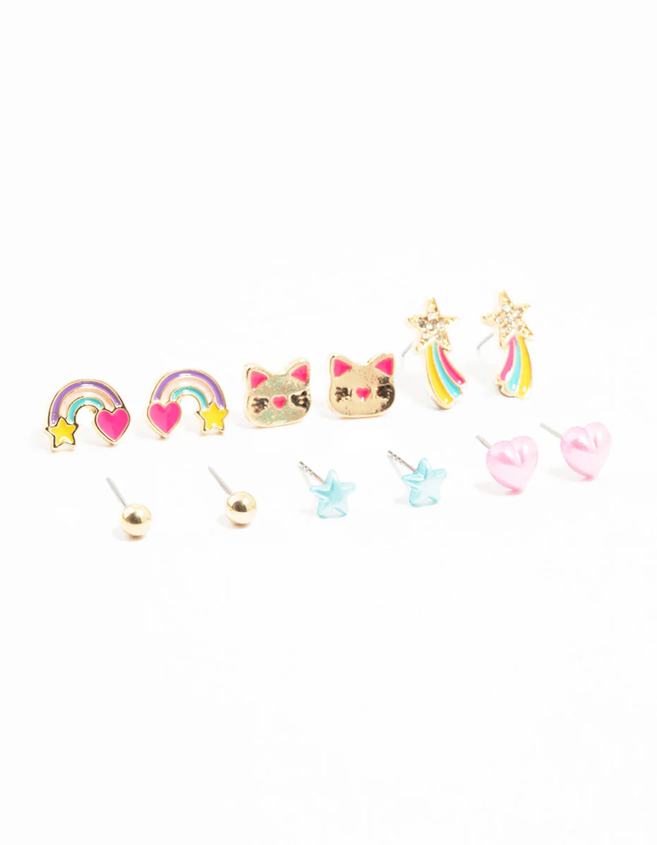Kids Gold Cat Celestial Stud Earrings Pack