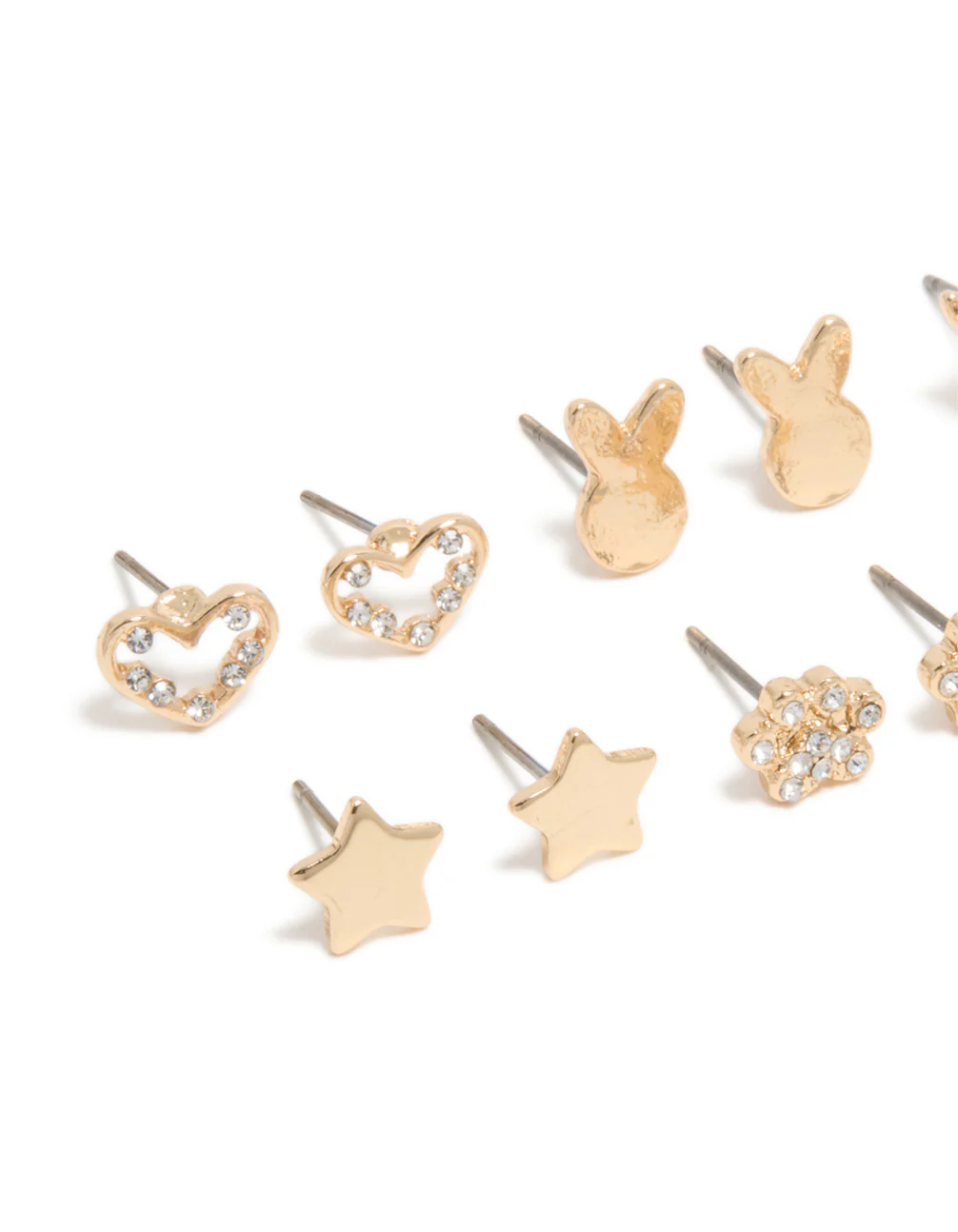 Kids Gold Glitzy Cat & Heart Stud Earrings 6-Pack - Image 2