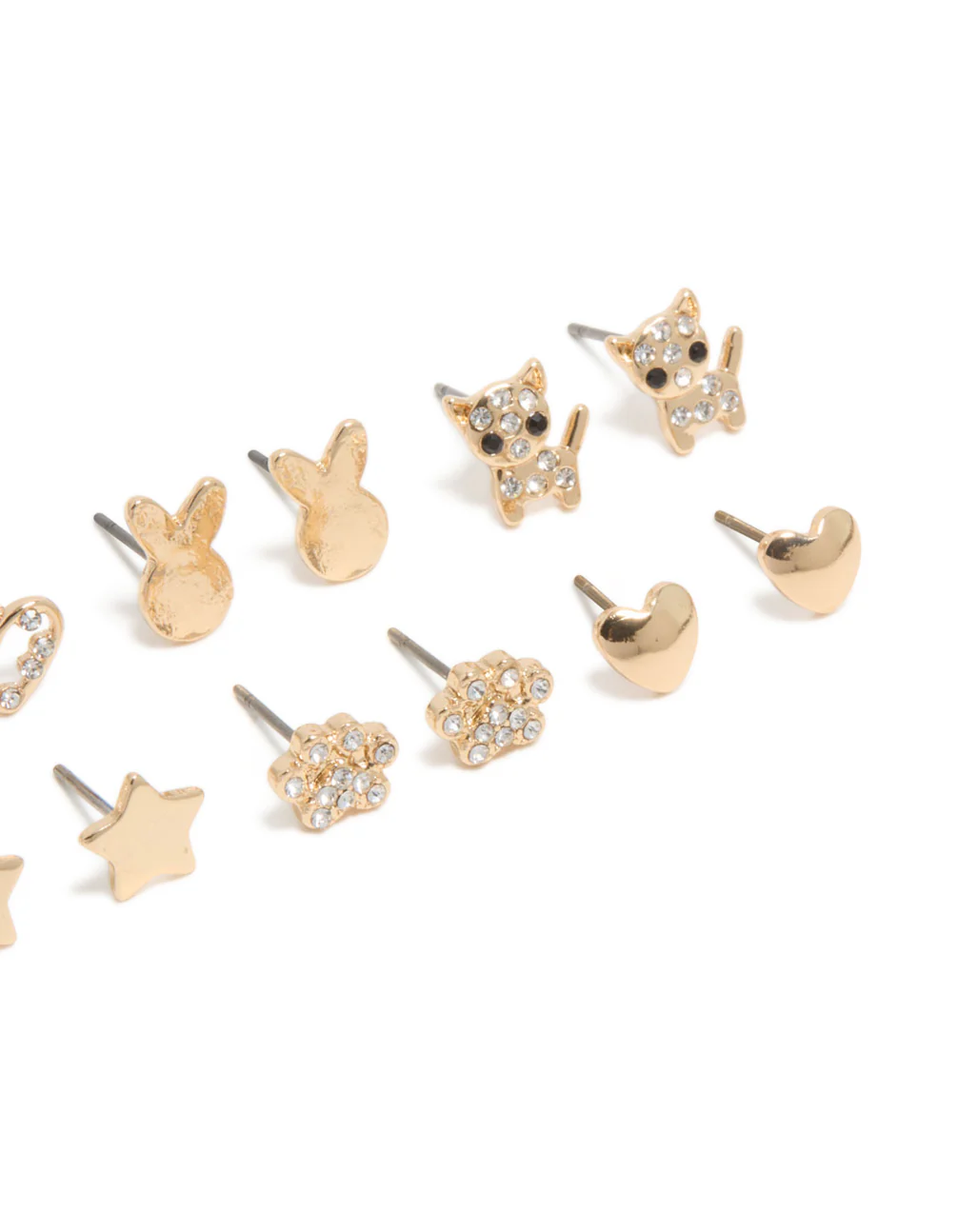 Kids Gold Glitzy Cat & Heart Stud Earrings 6-Pack - Image 3